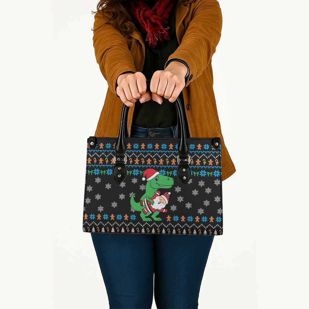 Funny Santa Riding Dinosaur Christmas Leather Bag Gingerbread Snowflake Pattern - Wonder Print Shop