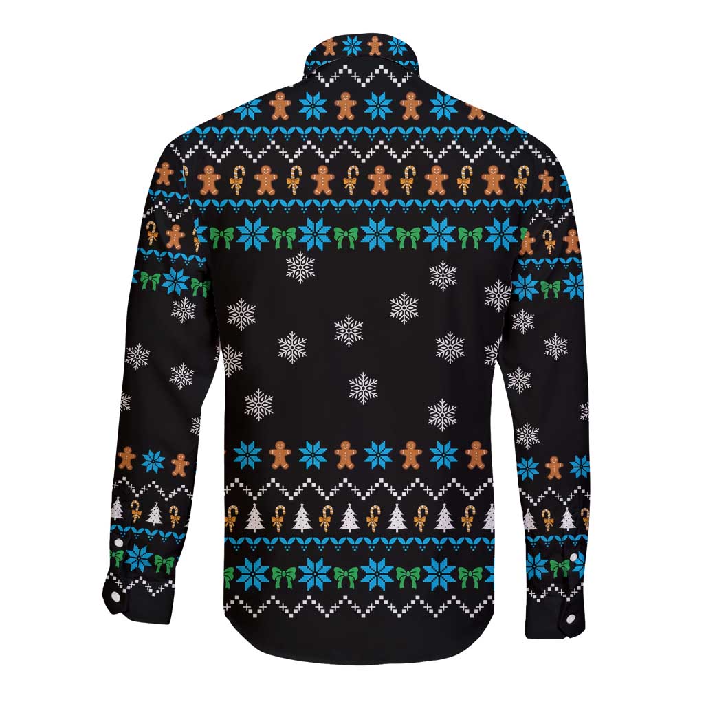 Funny Santa Riding Dinosaur Christmas Long Sleeve Button Shirt Gingerbread Snowflake Pattern - Wonder Print Shop