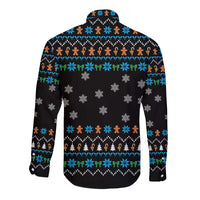 Funny Santa Riding Dinosaur Christmas Long Sleeve Button Shirt Gingerbread Snowflake Pattern - Wonder Print Shop