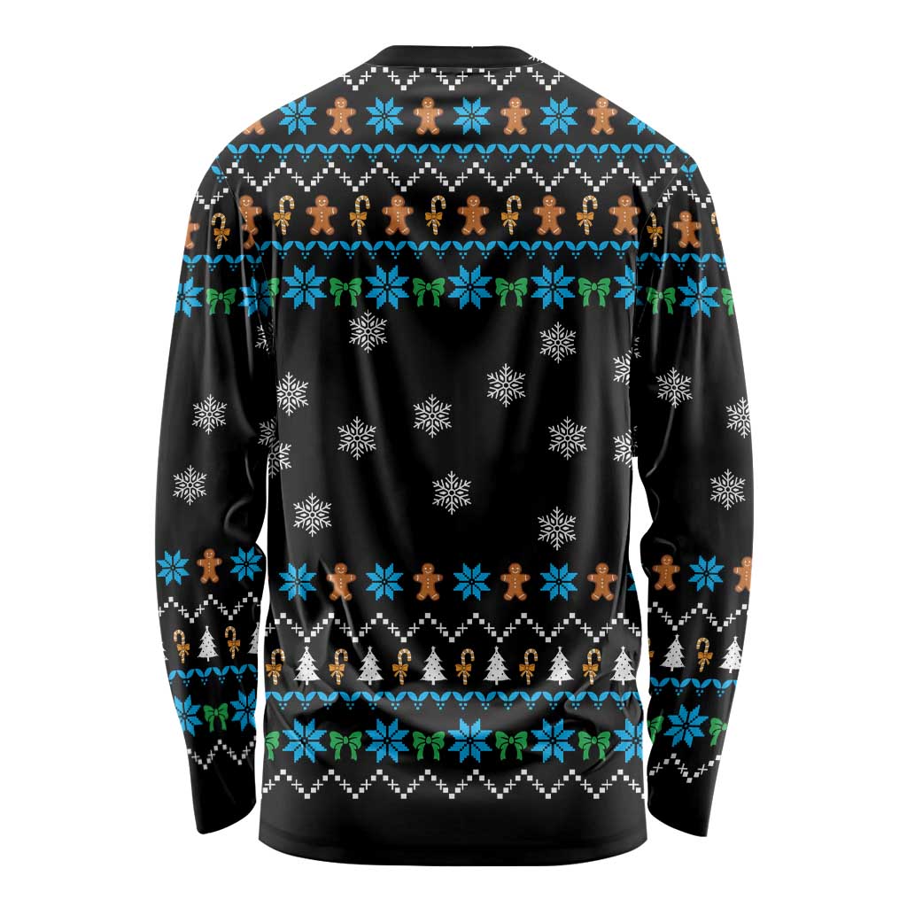 Funny Santa Riding Dinosaur Christmas Long Sleeve Shirt Gingerbread Snowflake Pattern - Wonder Print Shop
