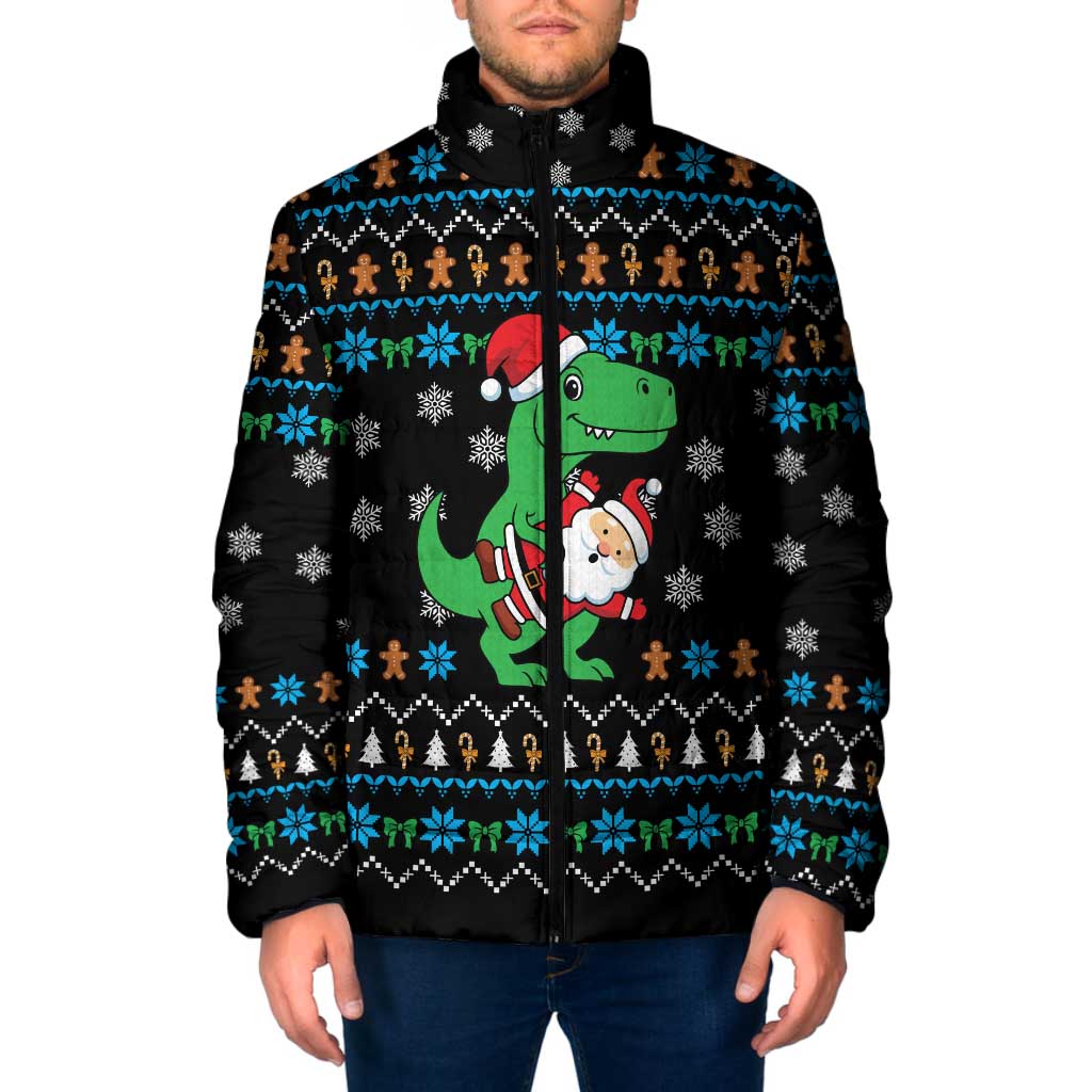 Funny Santa Riding Dinosaur Christmas Padded Jacket Gingerbread Snowflake Pattern - Wonder Print Shop