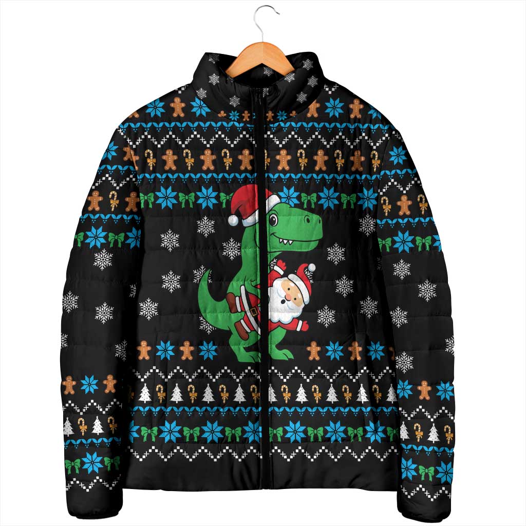Funny Santa Riding Dinosaur Christmas Padded Jacket Gingerbread Snowflake Pattern - Wonder Print Shop