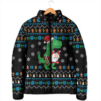 Funny Santa Riding Dinosaur Christmas Padded Jacket Gingerbread Snowflake Pattern - Wonder Print Shop