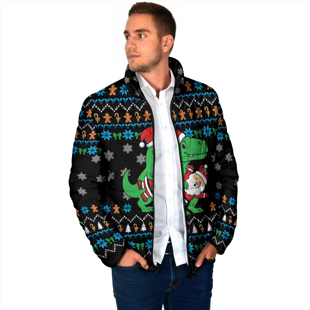 Funny Santa Riding Dinosaur Christmas Padded Jacket Gingerbread Snowflake Pattern - Wonder Print Shop