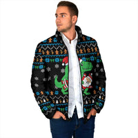 Funny Santa Riding Dinosaur Christmas Padded Jacket Gingerbread Snowflake Pattern - Wonder Print Shop