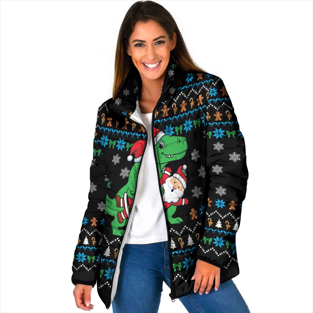 Funny Santa Riding Dinosaur Christmas Padded Jacket Gingerbread Snowflake Pattern - Wonder Print Shop
