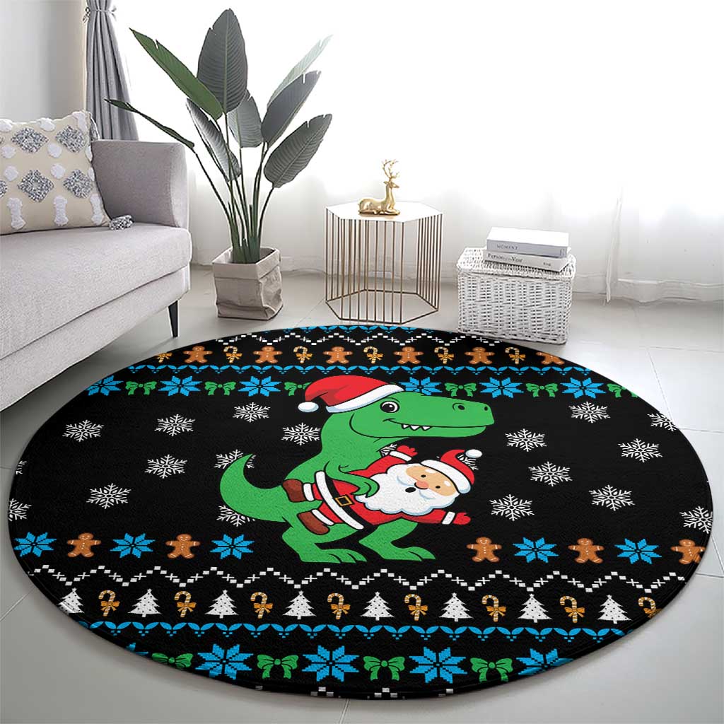 Funny Santa Riding Dinosaur Christmas Round Carpet Gingerbread Snowflake Pattern - Wonder Print Shop