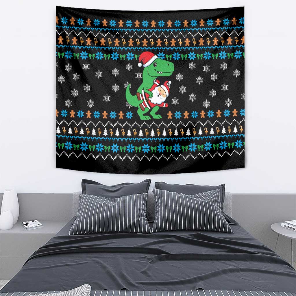 Funny Santa Riding Dinosaur Christmas Tapestry Gingerbread Snowflake Pattern - Wonder Print Shop