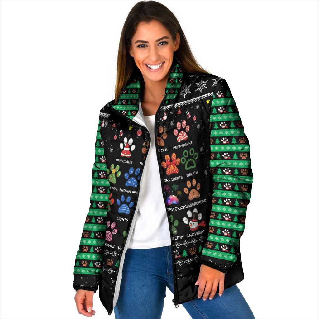Christmas Colorful Dog Pawprint Padded Jacket Black Snowflake Pattern Design - Wonder Print Shop