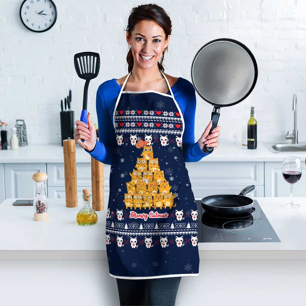 Meowy Catmas Apron with Orange Cats Christmas Tree and Snowflake Pattern Design - Wonder Print Shop