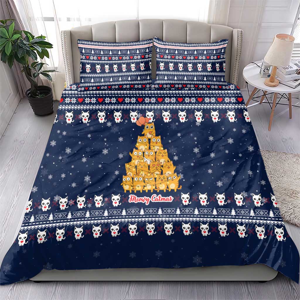 Meowy Catmas Bedding Set with Orange Cats Christmas Tree and Snowflake Pattern Design - Wonder Print Shop