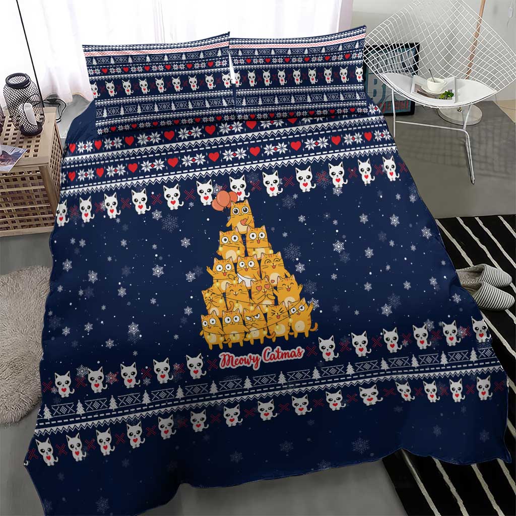 Meowy Catmas Bedding Set with Orange Cats Christmas Tree and Snowflake Pattern Design - Wonder Print Shop