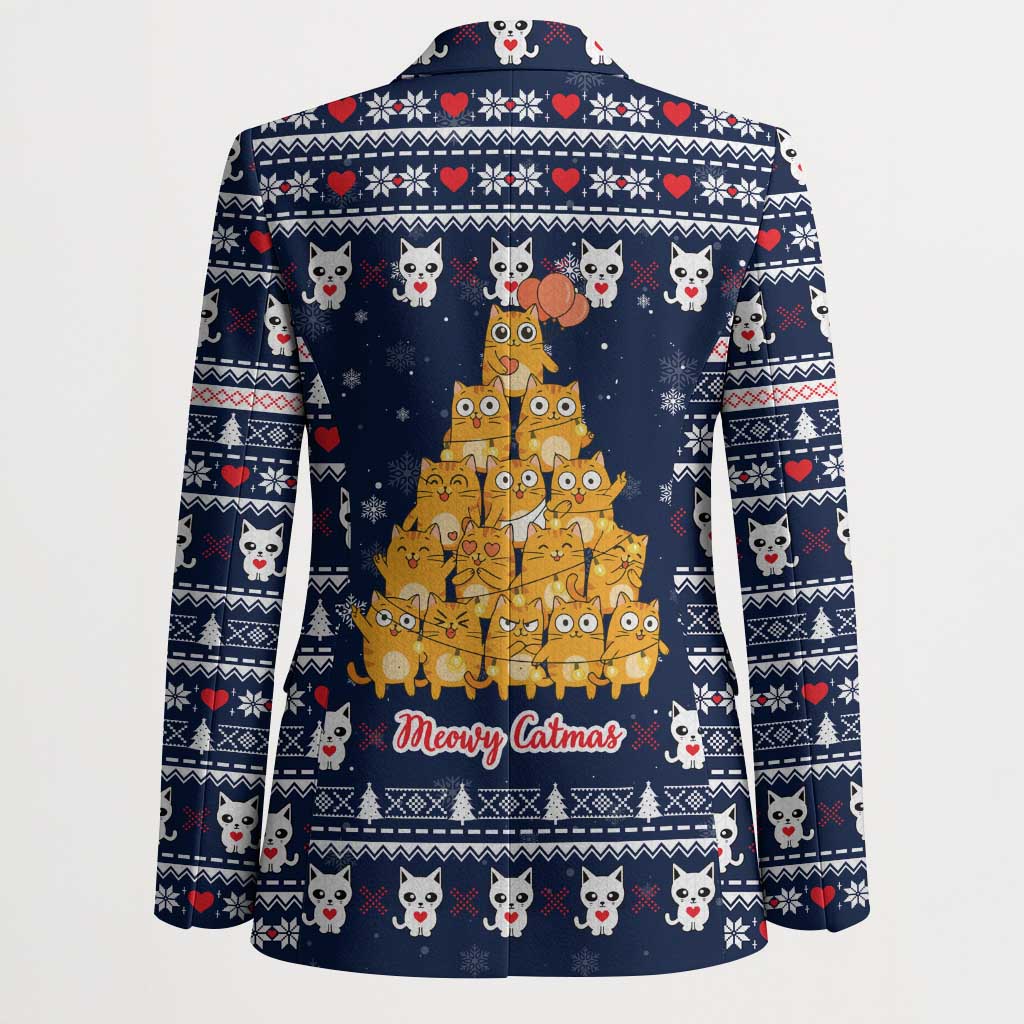 Meowy Catmas Blazer with Orange Cats Christmas Tree and Snowflake Pattern Design - Wonder Print Shop