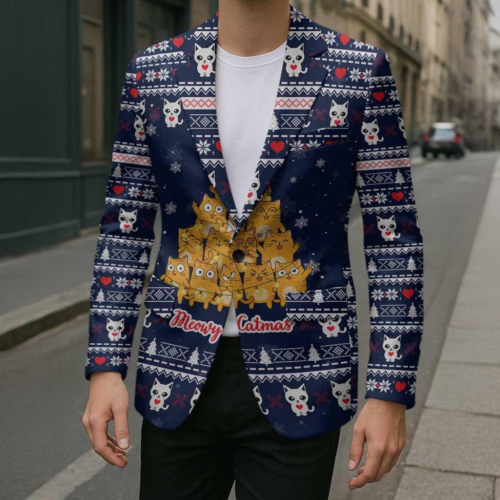 Meowy Catmas Blazer with Orange Cats Christmas Tree and Snowflake Pattern Design - Wonder Print Shop