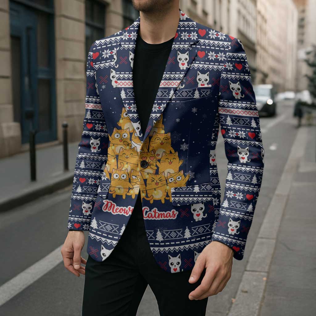 Meowy Catmas Blazer with Orange Cats Christmas Tree and Snowflake Pattern Design - Wonder Print Shop