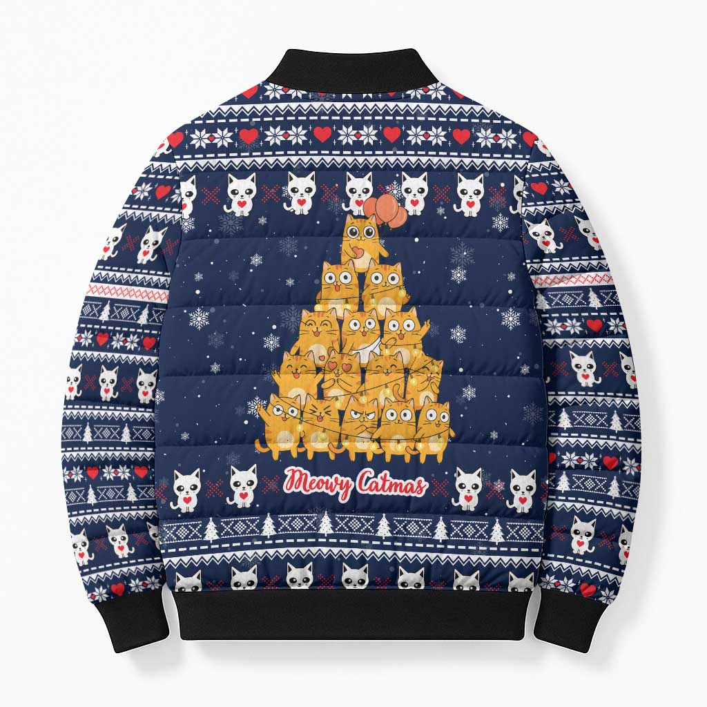 Meowy Catmas Bomber Puffer Jacket with Orange Cats Christmas Tree and Snowflake Pattern Design - Wonder Print Shop