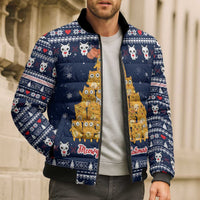 Meowy Catmas Bomber Puffer Jacket with Orange Cats Christmas Tree and Snowflake Pattern Design - Wonder Print Shop
