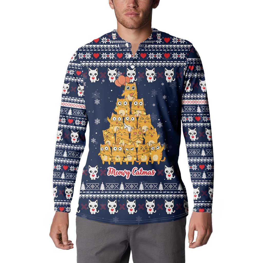 Meowy Catmas Button Sweatshirt with Orange Cats Christmas Tree and Snowflake Pattern Design - Wonder Print Shop
