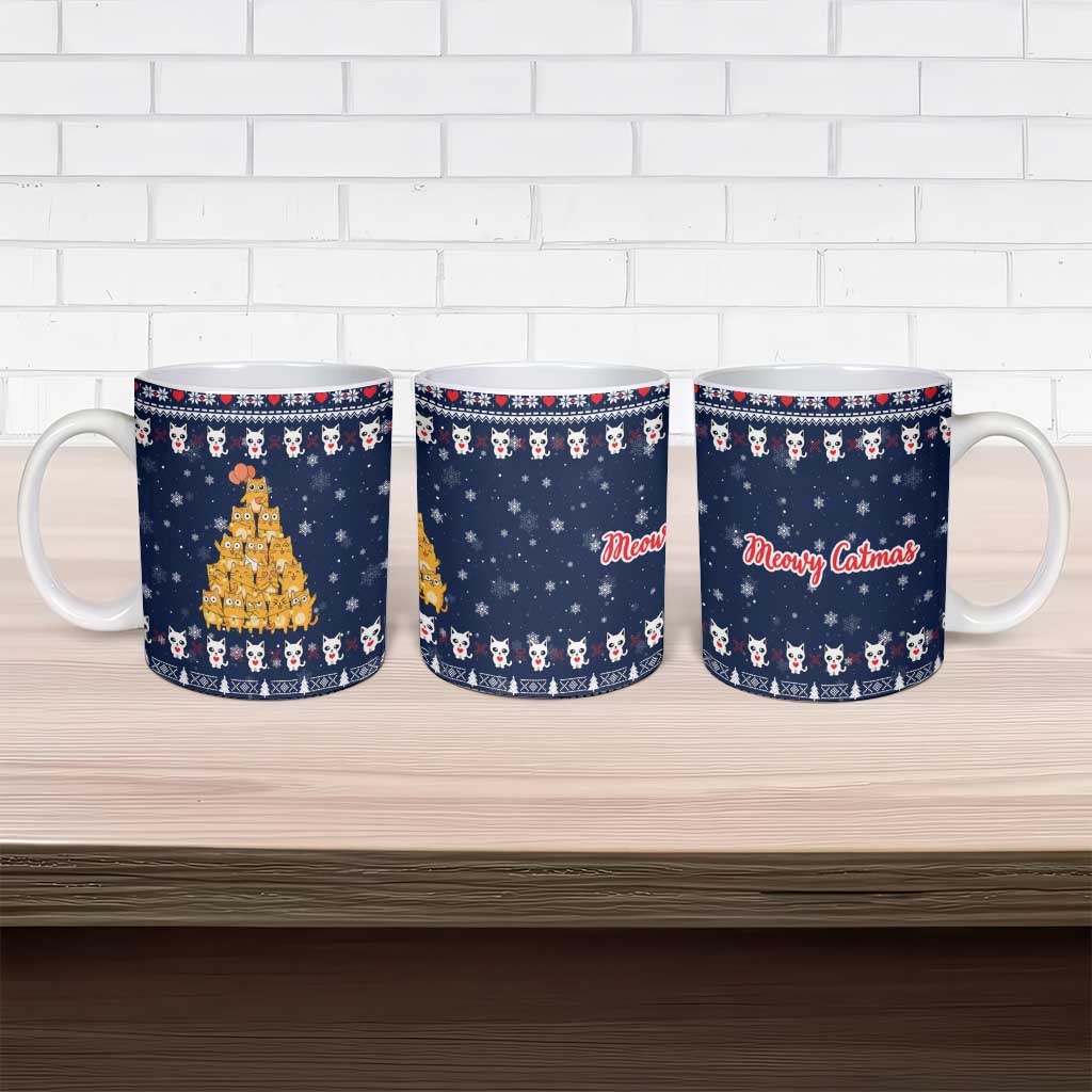 Meowy Catmas Ceramic Mug with Orange Cats Christmas Tree and Snowflake Pattern Design - Wonder Print Shop