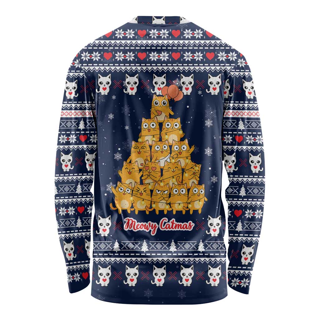 Meowy Catmas Long Sleeve Shirt with Orange Cats Christmas Tree and Snowflake Pattern Design - Wonder Print Shop