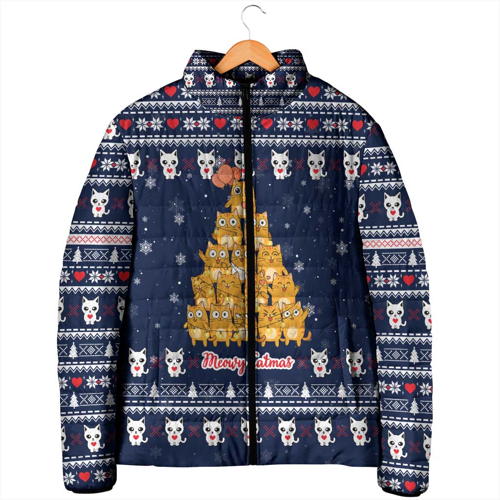 Meowy Catmas Padded Jacket with Orange Cats Christmas Tree and Snowflake Pattern Design - Wonder Print Shop