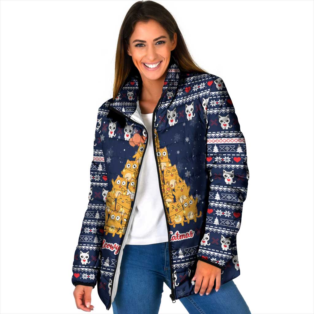 Meowy Catmas Padded Jacket with Orange Cats Christmas Tree and Snowflake Pattern Design - Wonder Print Shop