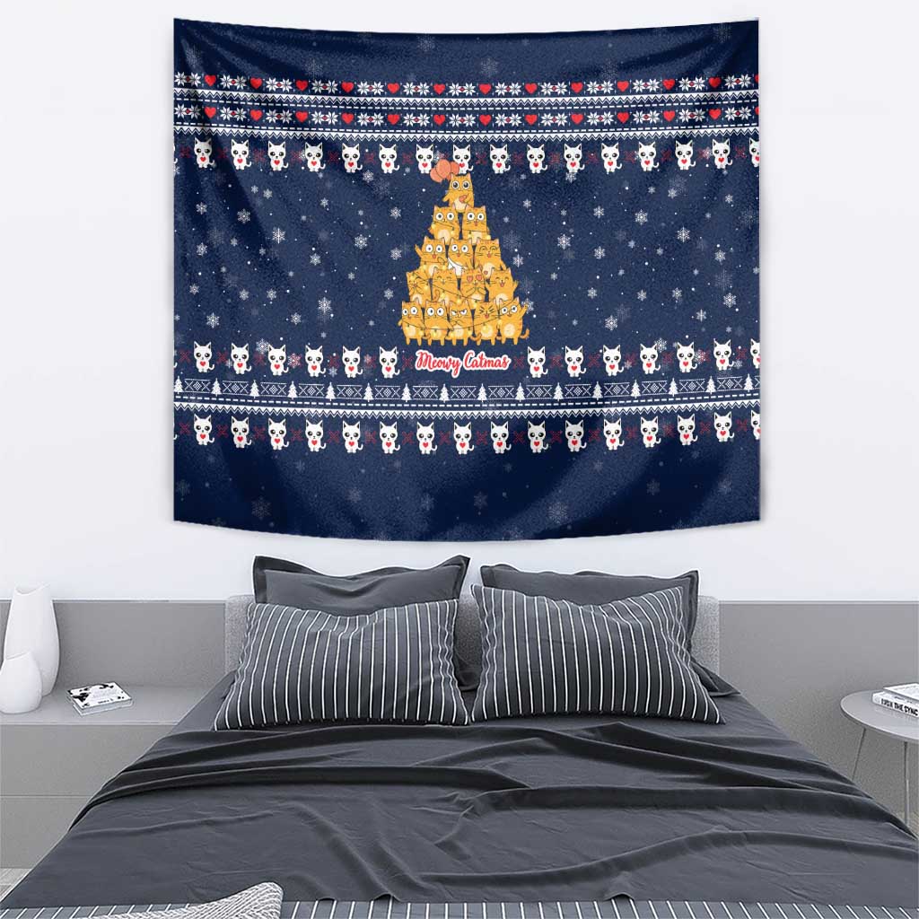 Meowy Catmas Tapestry with Orange Cats Christmas Tree and Snowflake Pattern Design - Wonder Print Shop