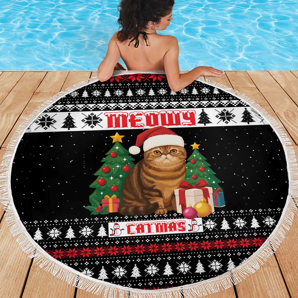 Meowy Catmas Beach Blanket with Tabby Cat Santa Hat and Christmas Tree Gift Pattern Design - Wonder Print Shop