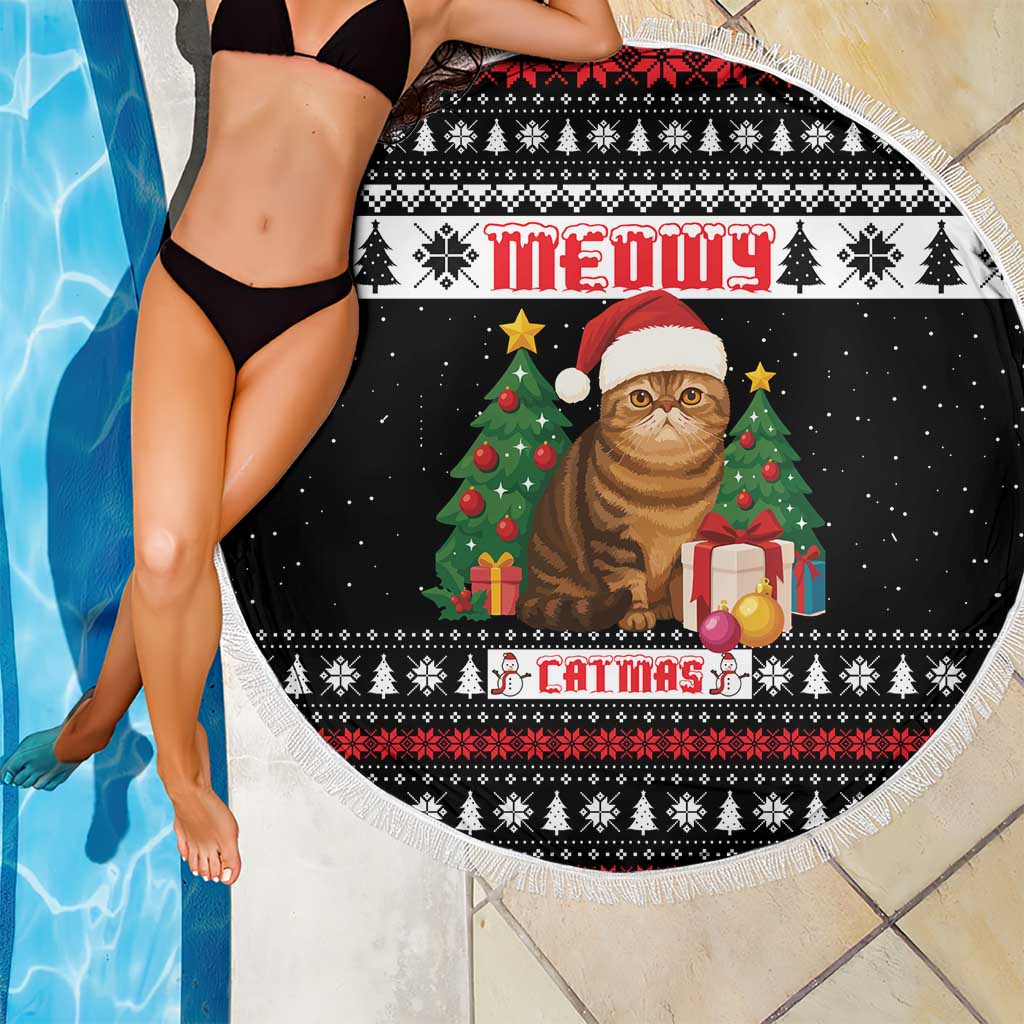 Meowy Catmas Beach Blanket with Tabby Cat Santa Hat and Christmas Tree Gift Pattern Design - Wonder Print Shop