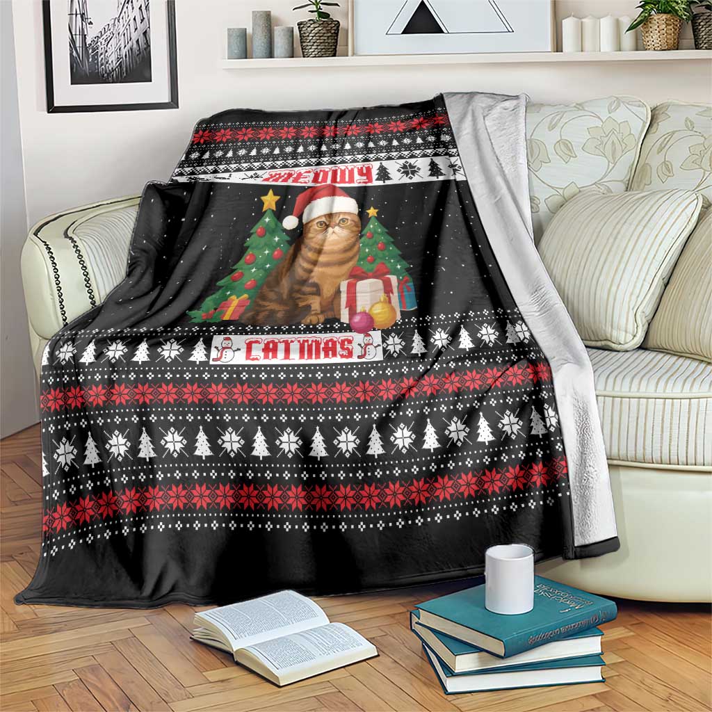 Meowy Catmas Blanket with Tabby Cat Santa Hat and Christmas Tree Gift Pattern Design - Wonder Print Shop