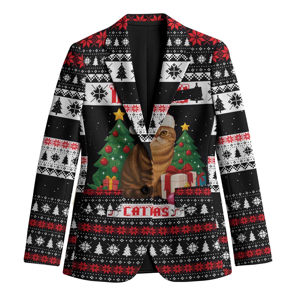 Meowy Catmas Blazer with Tabby Cat Santa Hat and Christmas Tree Gift Pattern Design - Wonder Print Shop