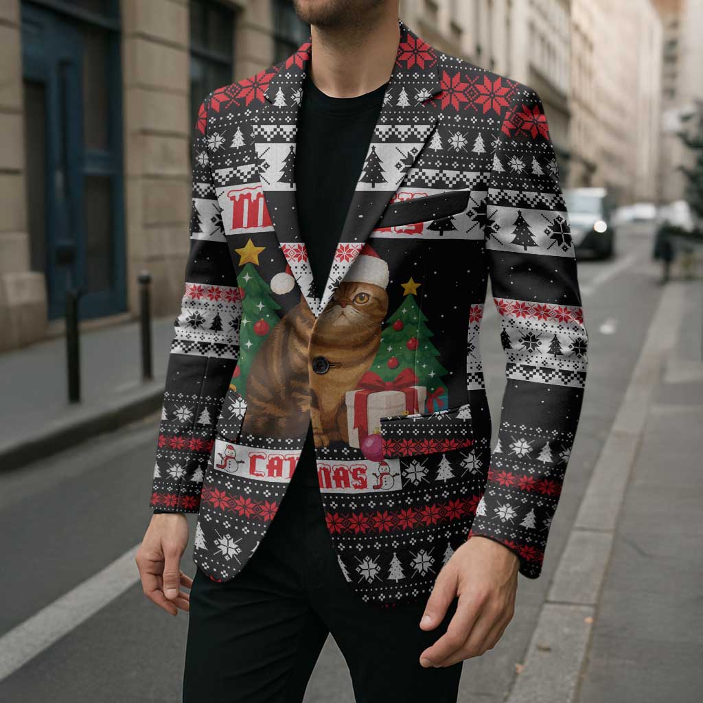 Meowy Catmas Blazer with Tabby Cat Santa Hat and Christmas Tree Gift Pattern Design - Wonder Print Shop
