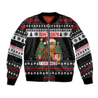 Meowy Catmas Bomber Jacket with Tabby Cat Santa Hat and Christmas Tree Gift Pattern Design - Wonder Print Shop
