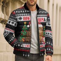 Meowy Catmas Bomber Puffer Jacket with Tabby Cat Santa Hat and Christmas Tree Gift Pattern Design - Wonder Print Shop