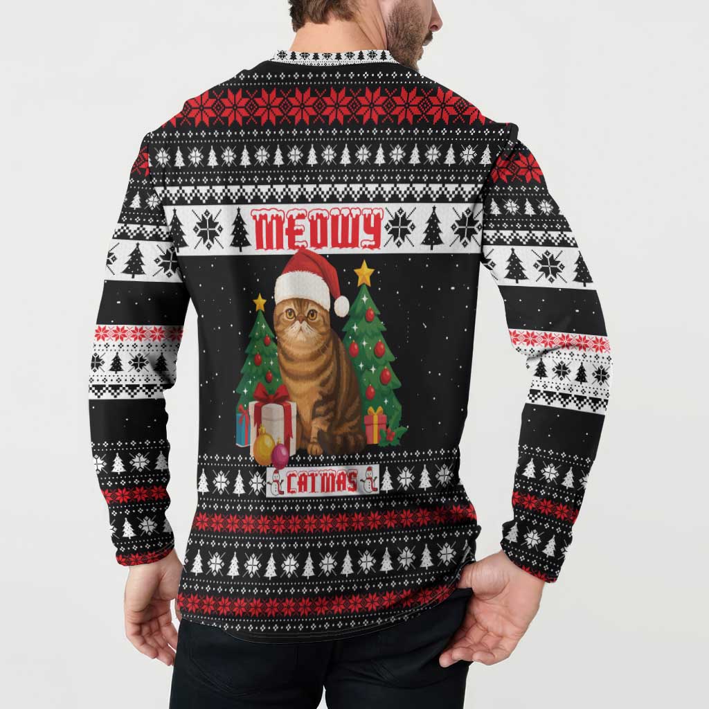 Meowy Catmas Button Sweatshirt with Tabby Cat Santa Hat and Christmas Tree Gift Pattern Design - Wonder Print Shop