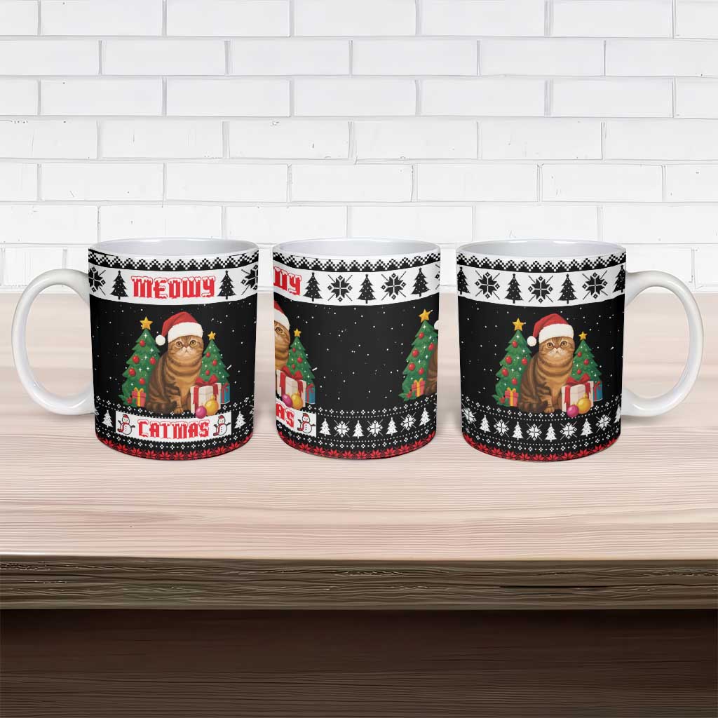 Meowy Catmas Ceramic Mug with Tabby Cat Santa Hat and Christmas Tree Gift Pattern Design - Wonder Print Shop
