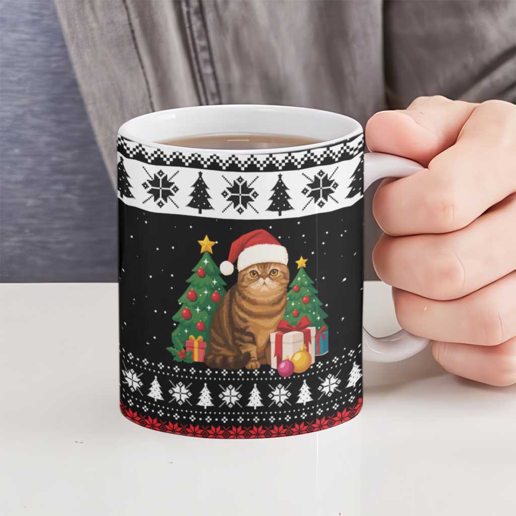 Meowy Catmas Ceramic Mug with Tabby Cat Santa Hat and Christmas Tree Gift Pattern Design - Wonder Print Shop