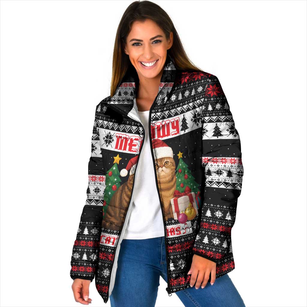 Meowy Catmas Padded Jacket with Tabby Cat Santa Hat and Christmas Tree Gift Pattern Design - Wonder Print Shop