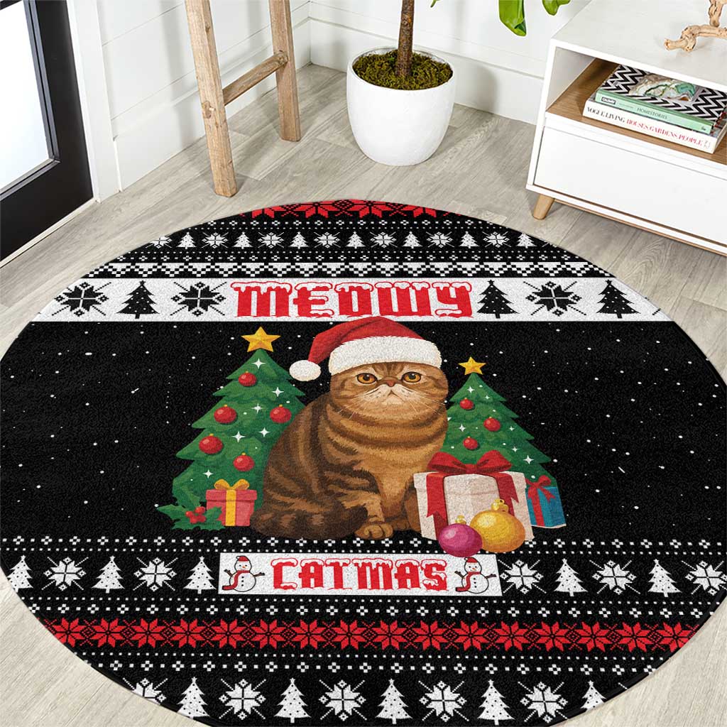 Meowy Catmas Round Carpet with Tabby Cat Santa Hat and Christmas Tree Gift Pattern Design - Wonder Print Shop