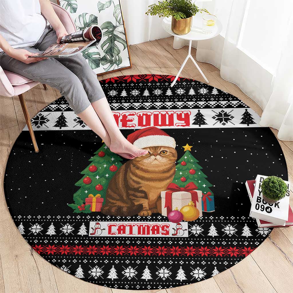 Meowy Catmas Round Carpet with Tabby Cat Santa Hat and Christmas Tree Gift Pattern Design - Wonder Print Shop