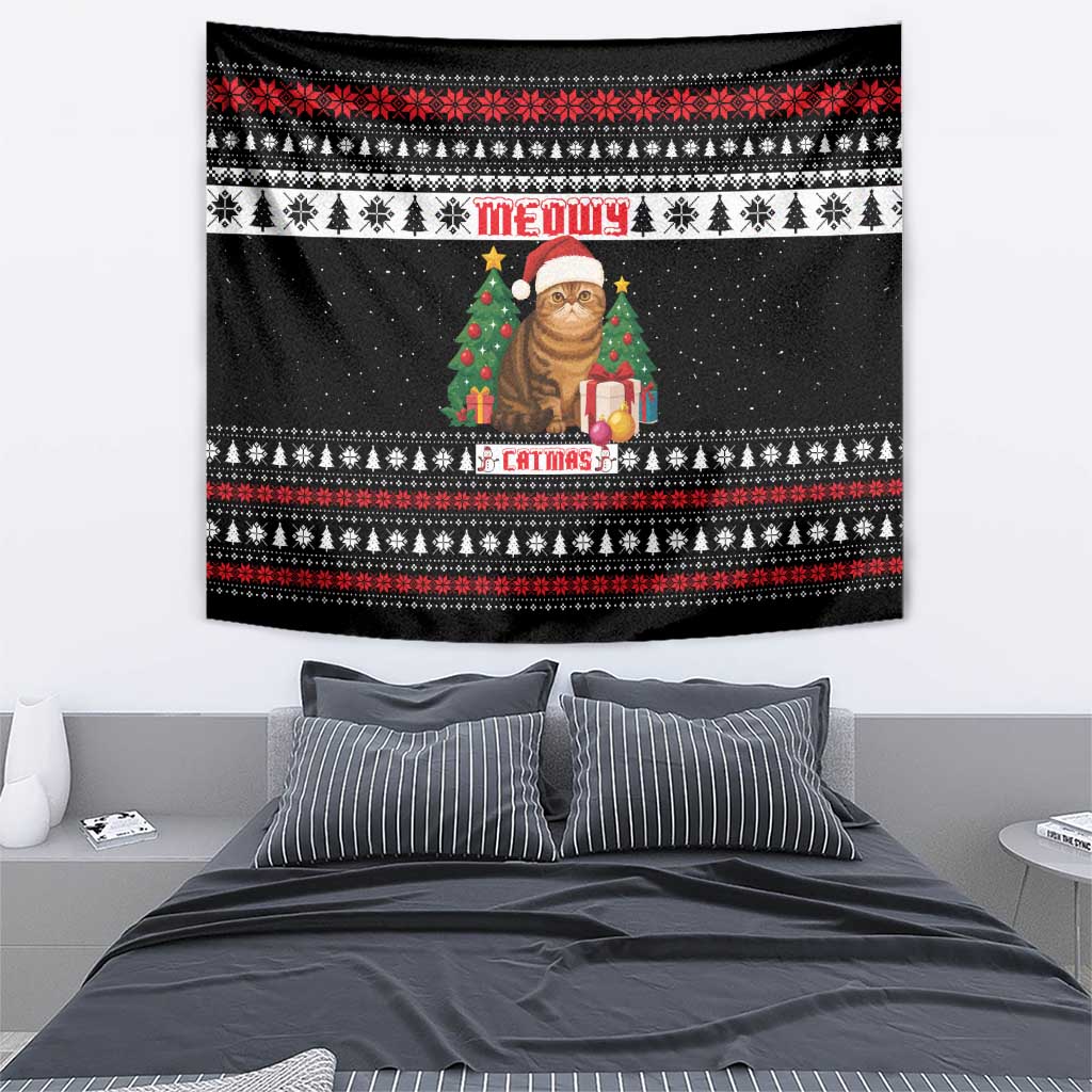 Meowy Catmas Tapestry with Tabby Cat Santa Hat and Christmas Tree Gift Pattern Design - Wonder Print Shop