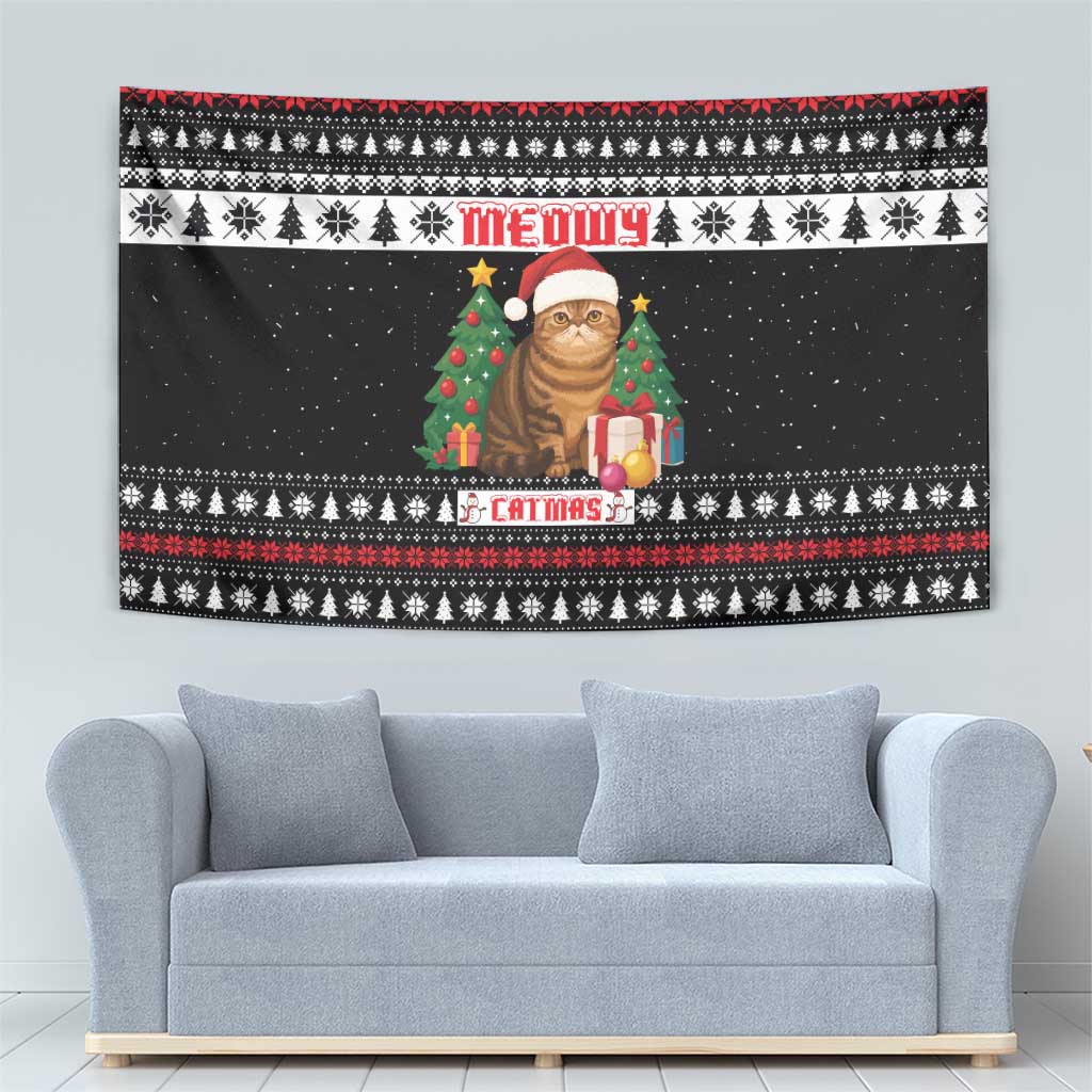 Meowy Catmas Tapestry with Tabby Cat Santa Hat and Christmas Tree Gift Pattern Design - Wonder Print Shop