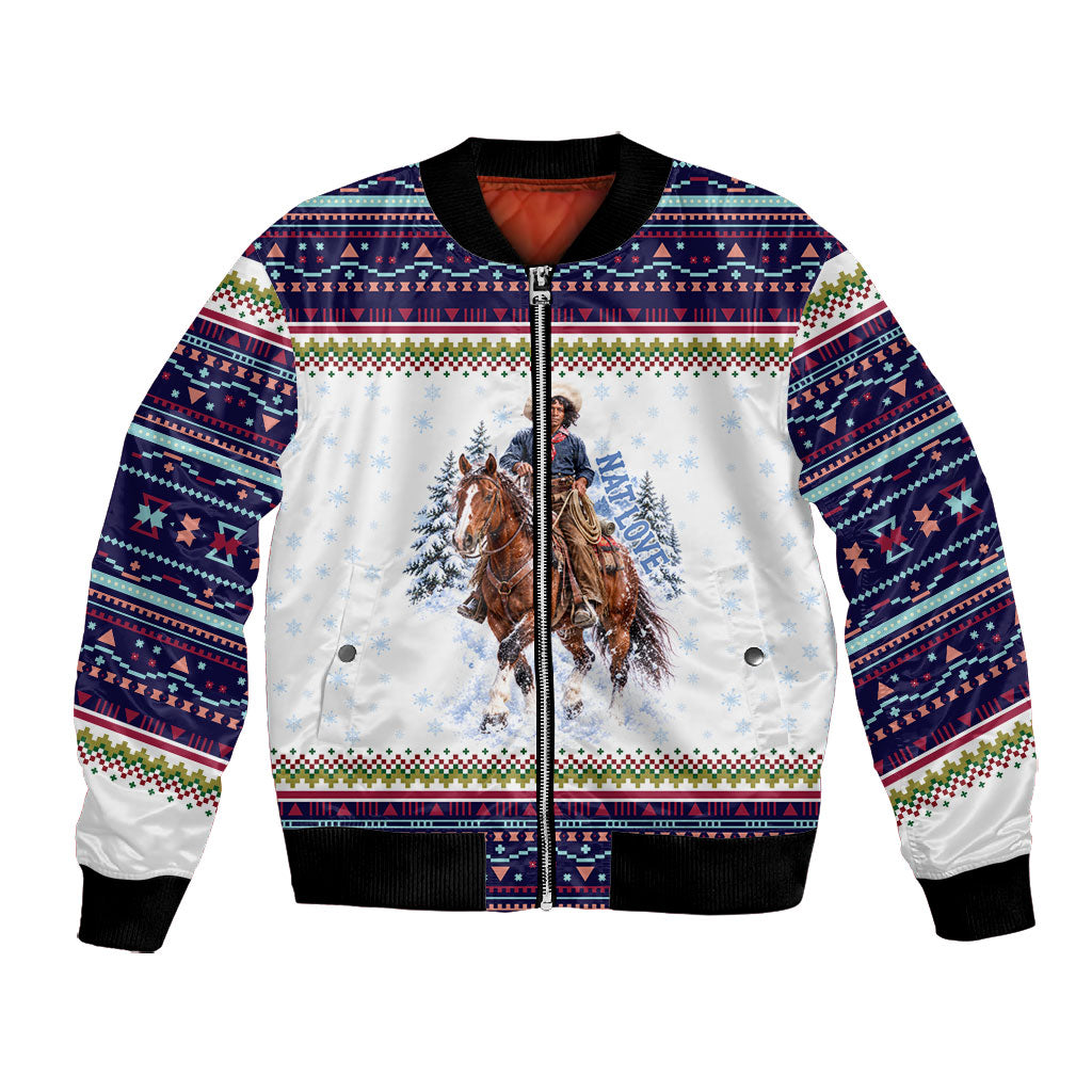 Nat Love African American Cowboy Bomber Jacket Winter Snow Fair Isle Pattern Western Graphic Art