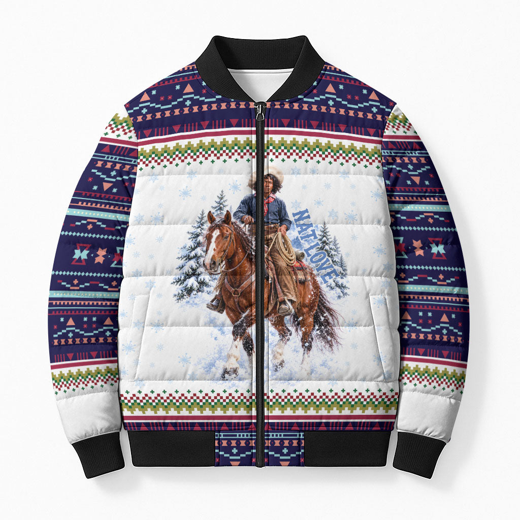 Nat Love African American Cowboy Bomber Puffer Jacket Winter Snow Fair Isle Pattern Western Graphic Art