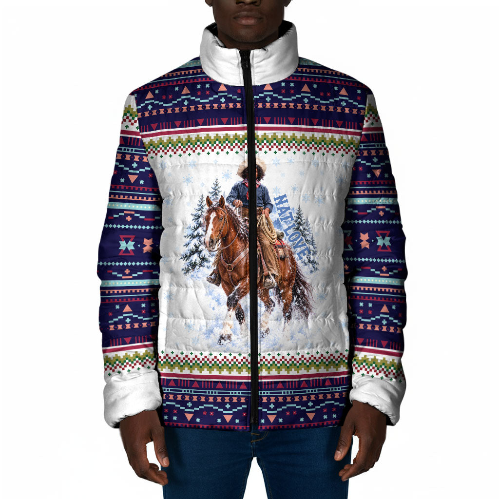 Nat Love African American Cowboy Padded Jacket Winter Snow Fair Isle Pattern Western Graphic Art