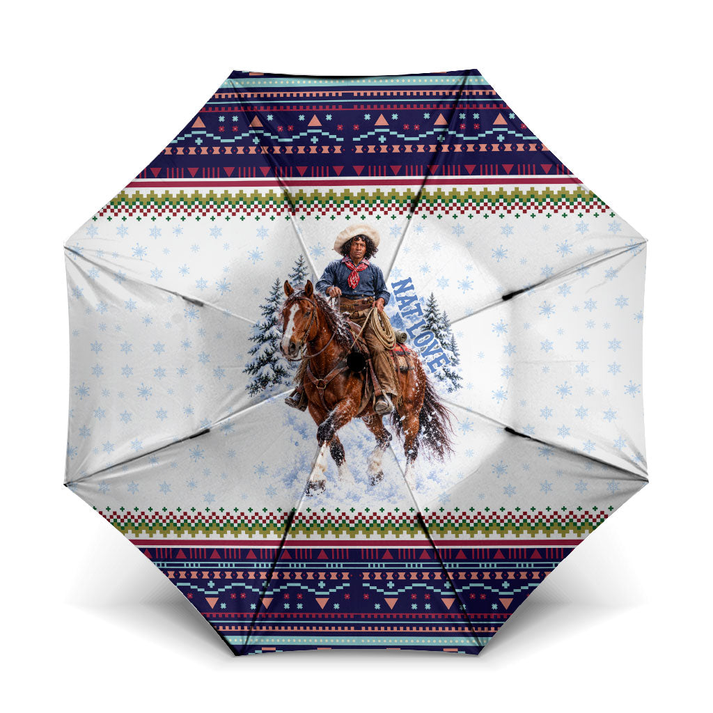Nat Love African American Cowboy Umbrella Winter Snow Fair Isle Pattern Western Graphic Art
