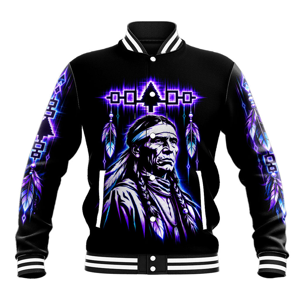 Iroquois Native American Warrior Baseball Jacket Neon Spiritual Tribal Art With Wolf And Moon