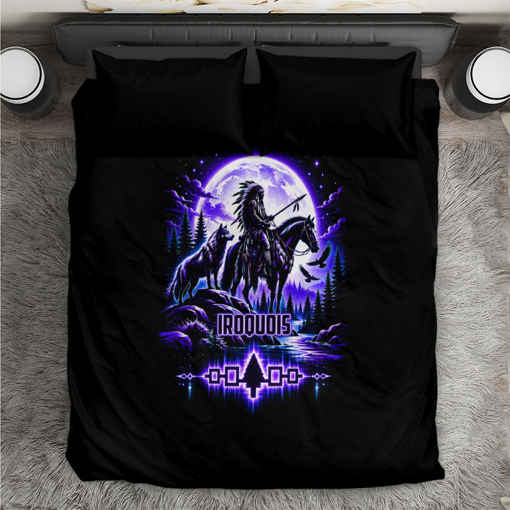 Iroquois Native American Warrior Bedding Set Neon Spiritual Tribal Art With Wolf And Moon