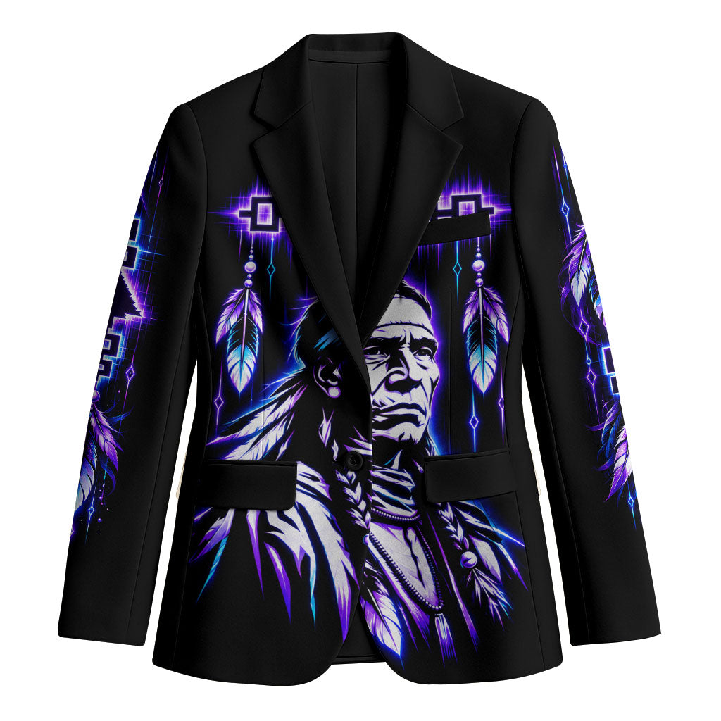 Iroquois Native American Warrior Blazer Neon Spiritual Tribal Art With Wolf And Moon