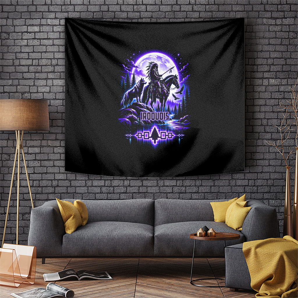 Iroquois Native American Warrior Tapestry Neon Spiritual Tribal Art With Wolf And Moon